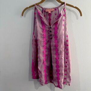 Philosophy Blouse in Lavender with Pink Embroidery. Sheer Sleeveless Size Small